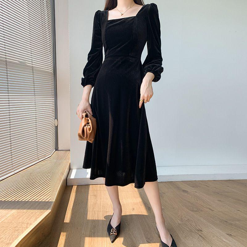 

Women s Long Sleeve Velvet Dress: Autumn/Winter, French Retro A-line, Waist-Cinching, Square Neck, Hepburn Style Little Black Dress Large чёрный