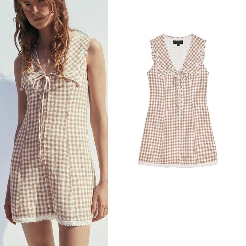 Summer Women's Clothing Preppy Style V Neck Sleeveless Lace Decorative Flat Lapel Small Plaid Short Dress 0881362