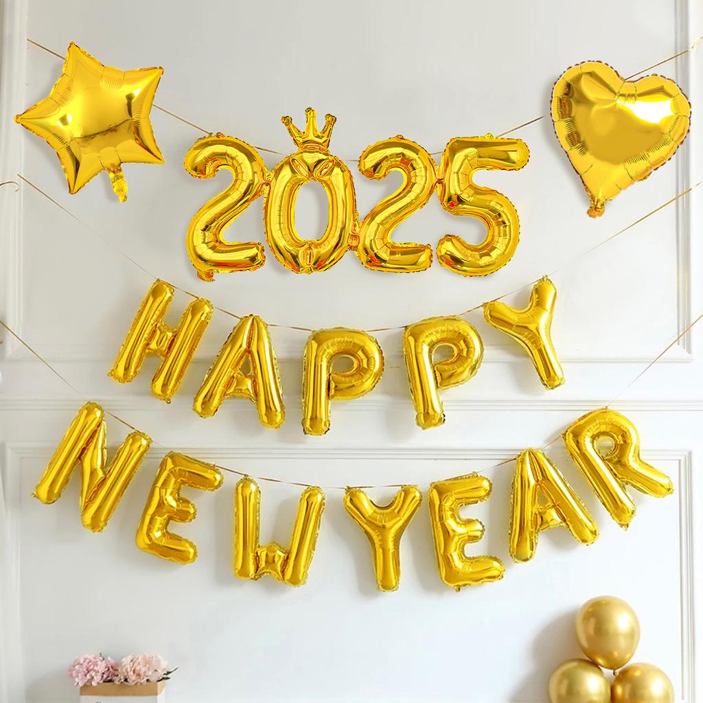 15pcs2025 Crown Number Foil Balloons, Happy New Year Letter Balloons, Suitable for New Year's Eve Party, Christmas Party
