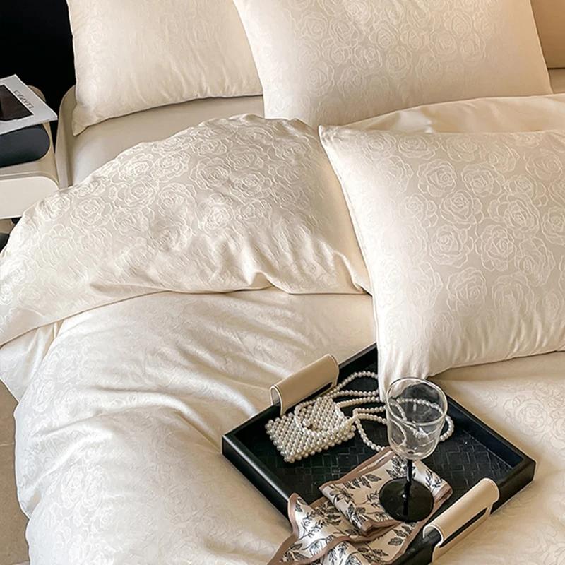 Light Luxury Satin Jacquard Solid Fitted Sheet Sets Pure Cotton Skin-Friendly Soft Quilt Cover 1.5/1.8M Bed Bedding for Adults