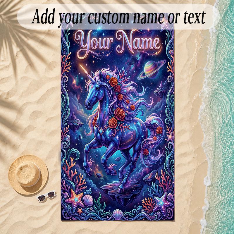 Unicorn Theme Soft Beach Towel Personalized Custom Name Text Towel Portable for Beach Pool Travel