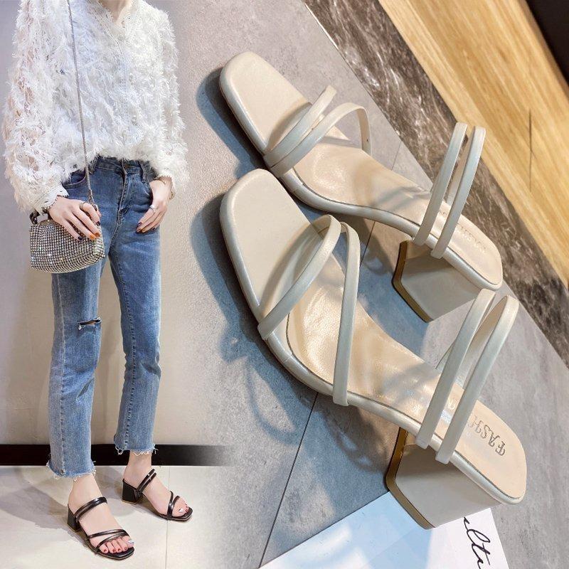 Black Thin Strap Sandals Women's 20 New Medium Heel Cool Slippers Women's Thick Heel with Women's Shoes