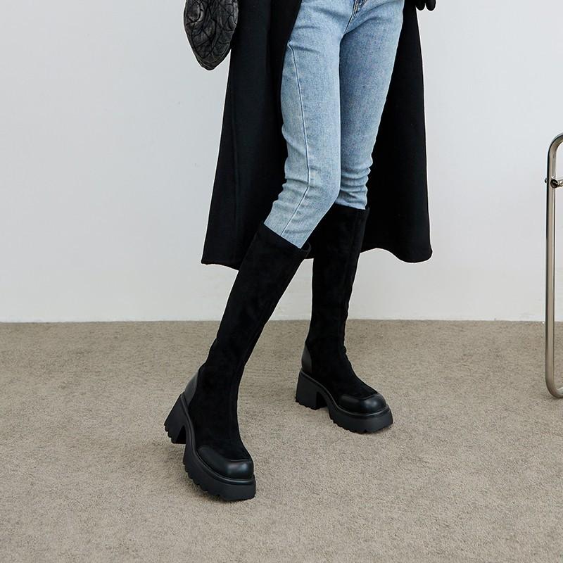 Autumn and Winter New Elastic Thin Boots Thick Heel Boots Fashionable Versatile Thick-soled British Style Mid-tube Boots Medium Heel Women's Boots