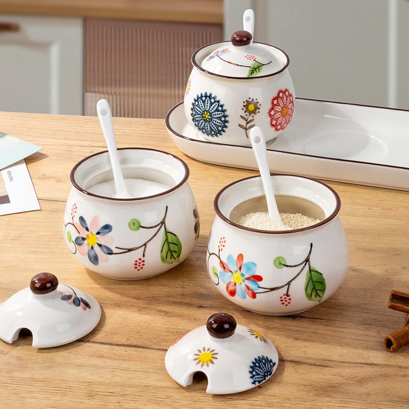 Ceramic seasoning Kitchen salt seasoning  Storage box set Household good-looking oil-splashed chili  Seasoning