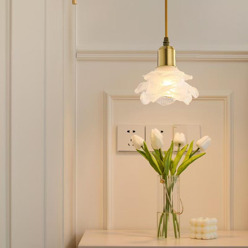 Romantic French Petal Glass Chandelier - Japanese Brass Bar Counter, B&B Living Room, American Retro Bedroom, Bedside Hanging Lamp