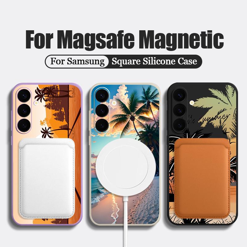 Seaside Coconut Print Case For Samsung Galaxy S26 Ultra S25 FE S24 S23 S22 Plus S21 FE Built-in Metal Plate Magnetic Silicone Cover