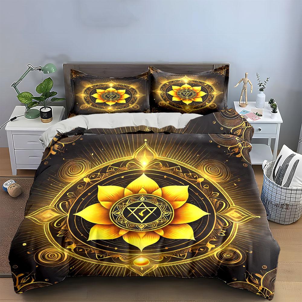 Golden Mandala Meditation Set Decor Bedding Set with 1 Duvet Cover 2 Pillowcases Single Double King Queen, Gift