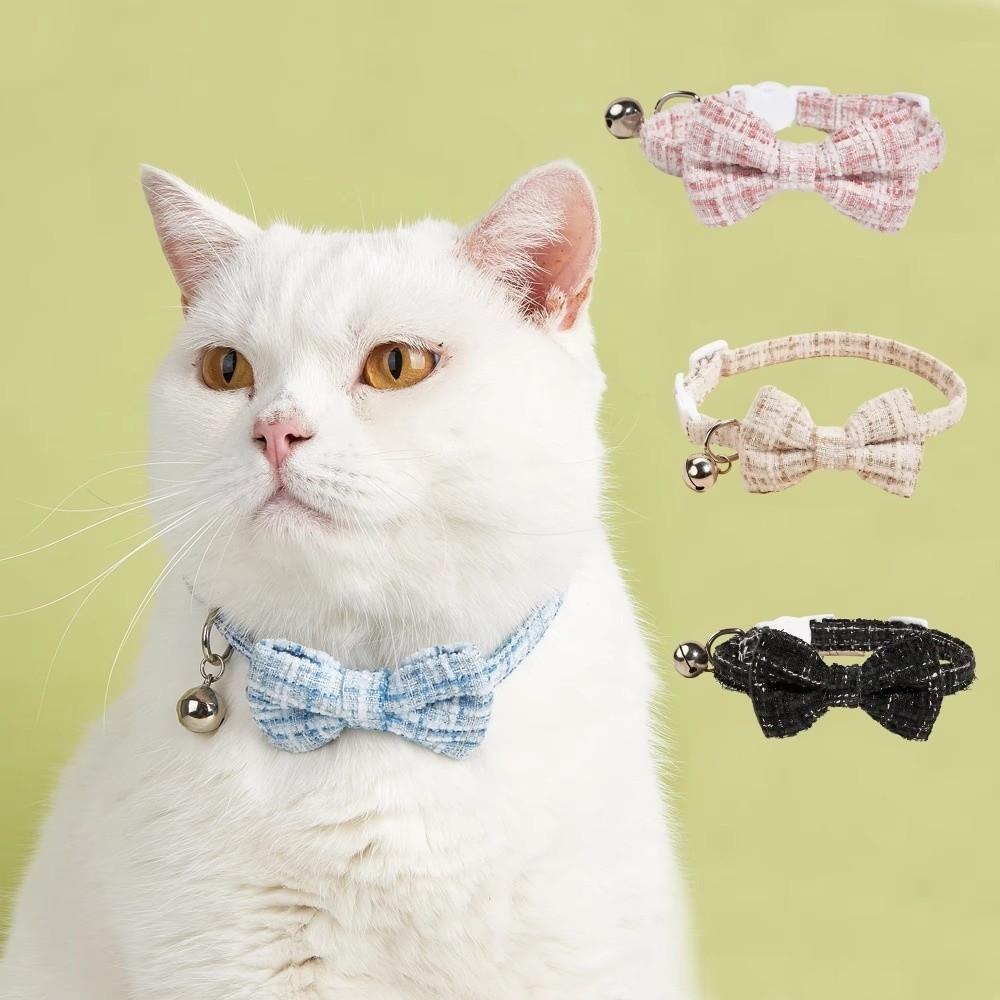 Cute Adjustable Cat Collars Removable Bowtie Plaid Pattern Puppy Collar with Bell Breakaway Collar for Kittens and Puppy