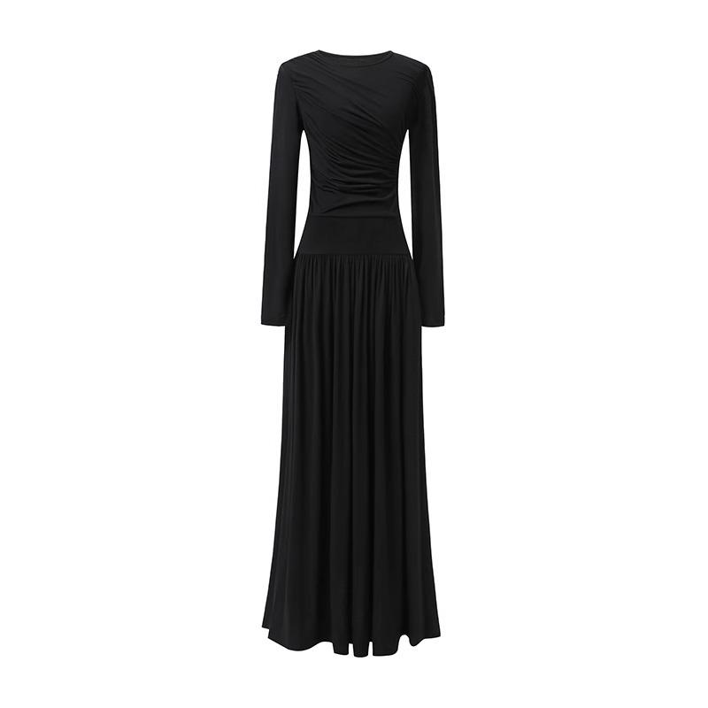 Damen Geraffte Taille Plissiertes Maxikleid Langarm Rundhalsausschnitt Elegantes Kleid