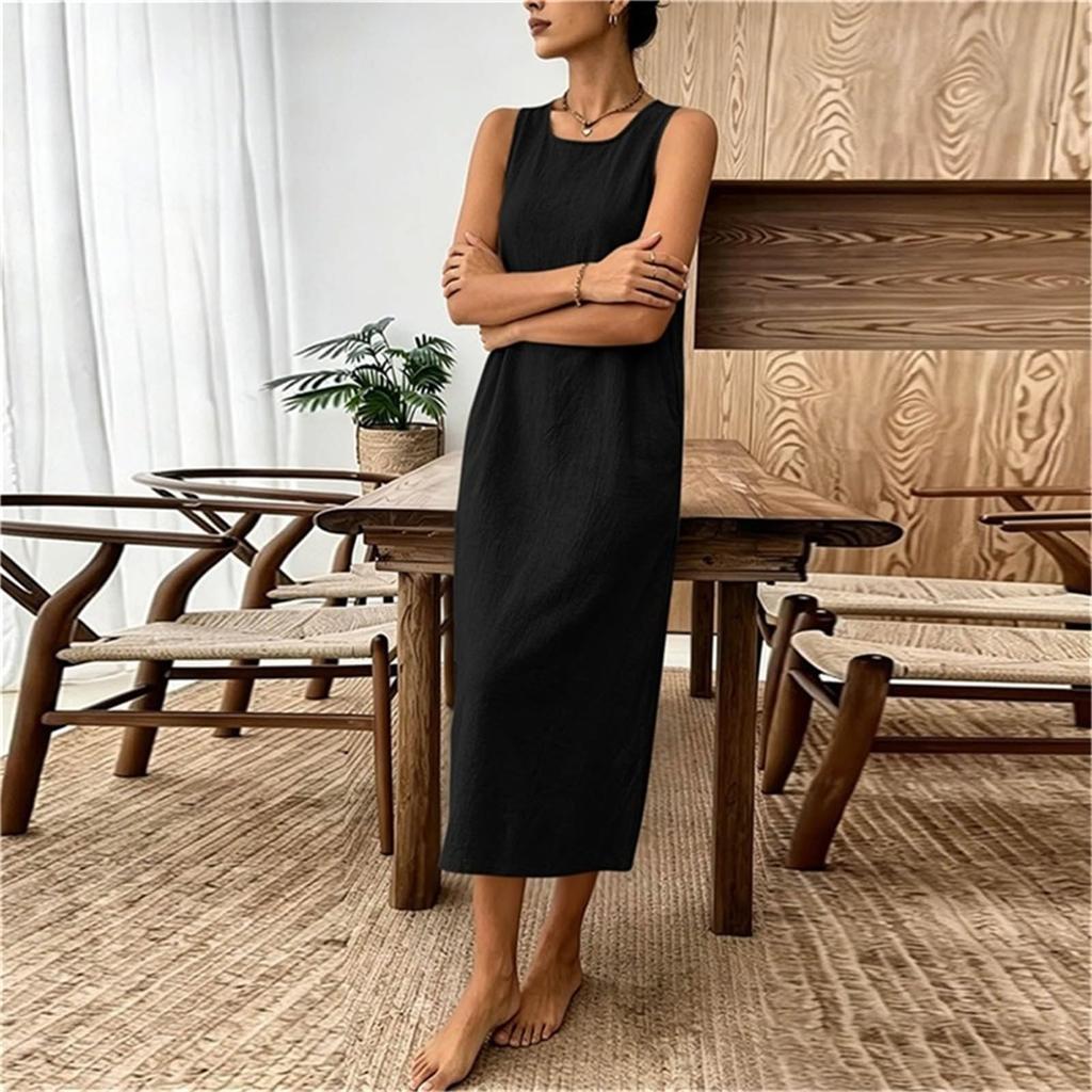 Women's Sleeveless Casual Color Cotton Linen Dress for Summer Everyday Wear