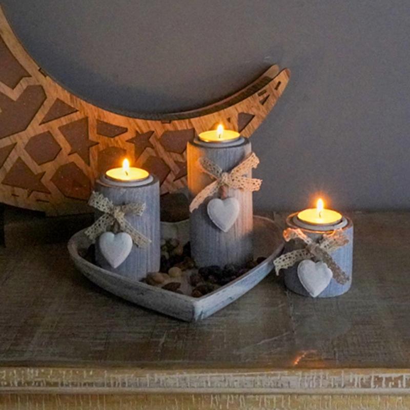3Pcs Wood Candlestick Set Tealight Candle Holders with Romantics Heart Designs Tray and Bows Decoration for Centerpieces