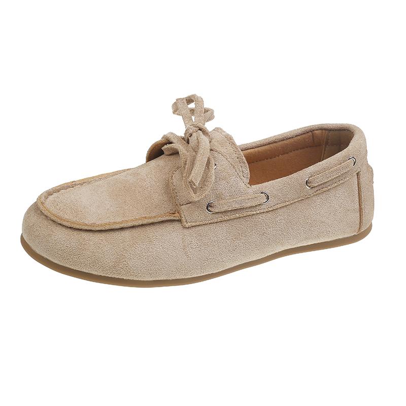 

Fashion Suede Leather Slip-on Boat Shoes Woman Classic Bowknot Lace-Up Soft Moccasins Ladies Casual Comfort Flat Loafers in Khaki Camel 35