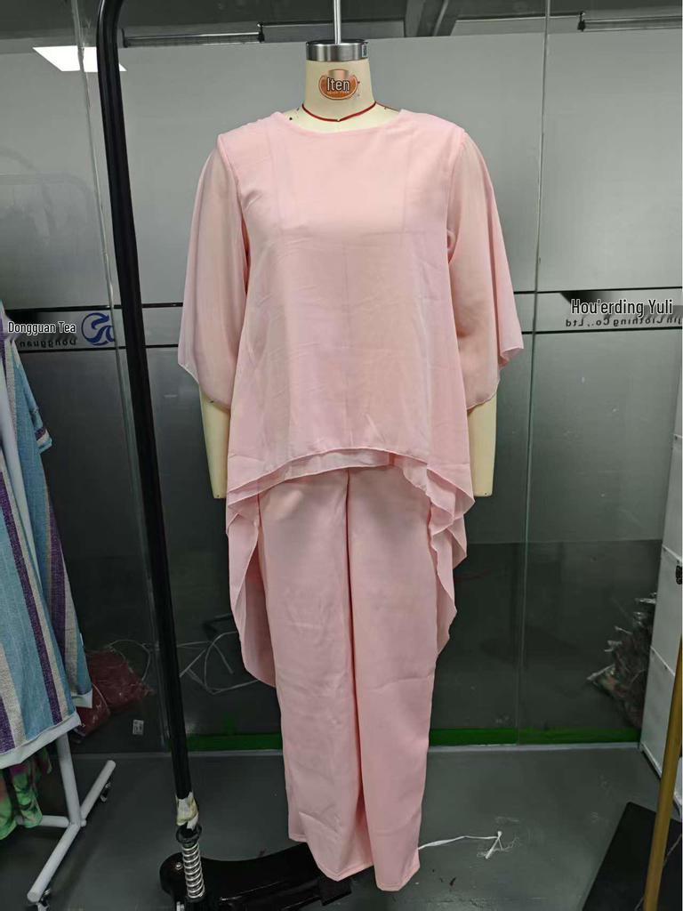 Dámský volný šifonový top a kalhoty, sada 2 kusů - Ležérní jednobarevná, Evropský a americký styl 2025