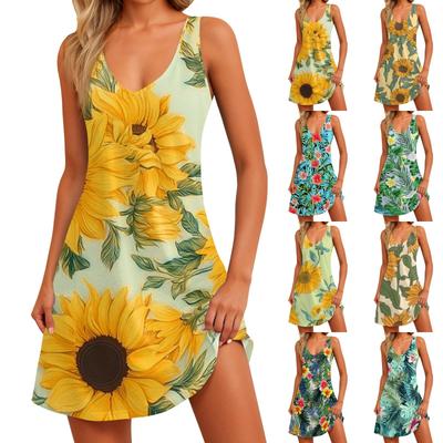 Lässiges Damenkleid mit V-Ausschnitt, ärmellos, Blumendruck und Seitentaschen