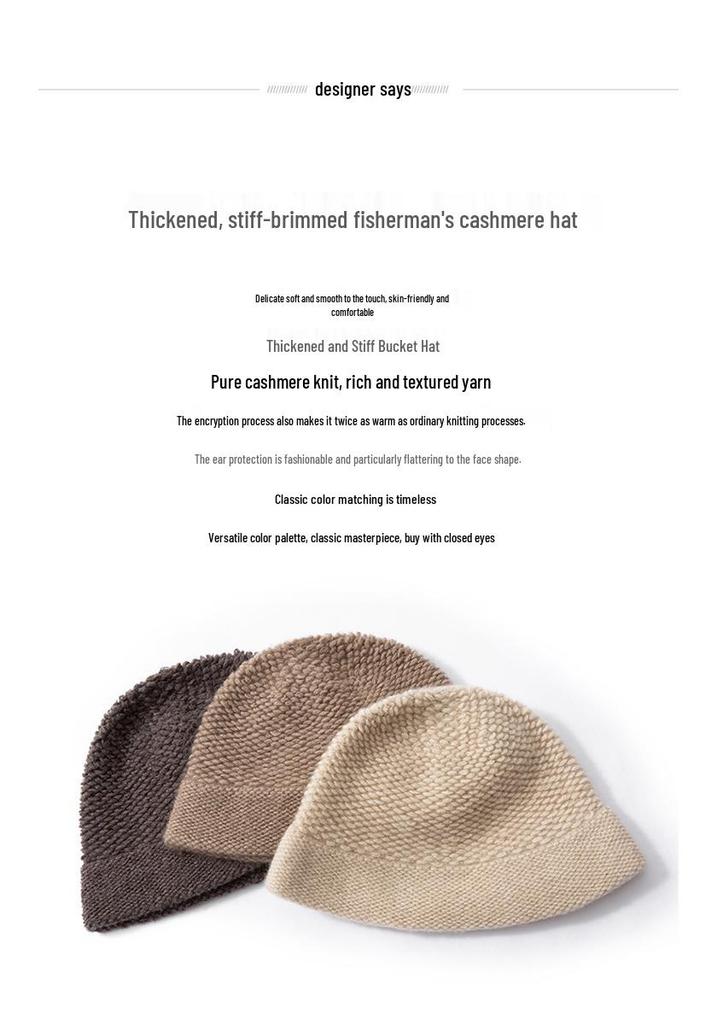 Women's 100% Pure Cashmere Knit Bucket Hat - Autumn/Winter Thickened Design for a Slimmer Face Look