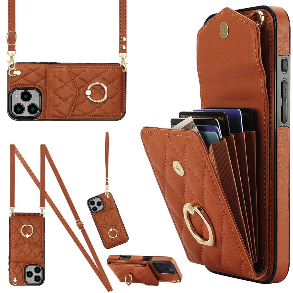 For iPhone 16 Pro Case Card Bag Leather+TPU Crossbody Phone Cover with Ring Kickstand