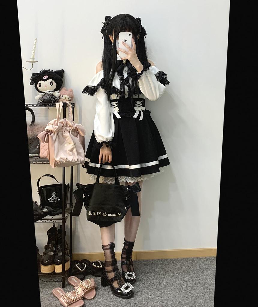 Cute Removable Long French Student White [XHSUKADO] Open-Shoulder Blouse, Mass-Produced Style, Women's, 2-Layer Lace, Ruffles, Ribbon, Pearl, Sleeve,