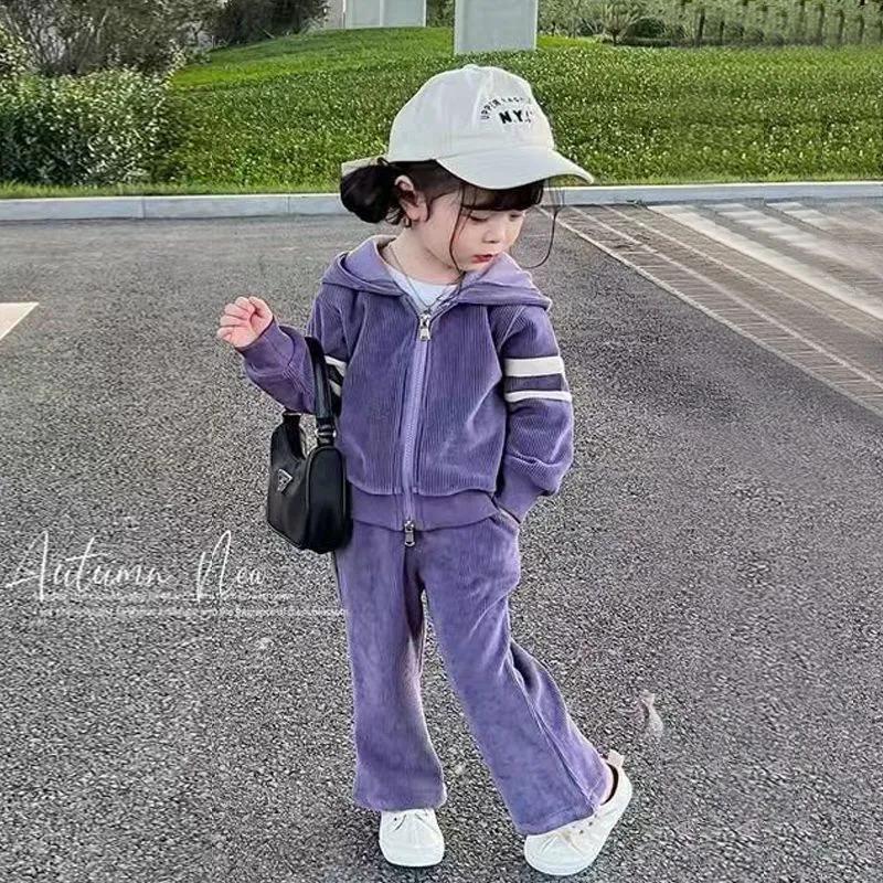 Frühling Herbst Mädchen Kapuzenset Kinder Niedlich Lässiger Anzug Mädchen Einfarbig Oberteile Jogginghose Zweiteiliges Set 3-10 Jahre alt