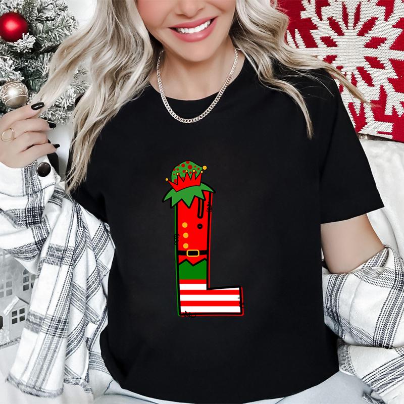 Womens Christmas Alphabet AZ Graphic Print Tshirt Holiday Casual Top with Santa Letters Perfect for Xmas Party Street Wear