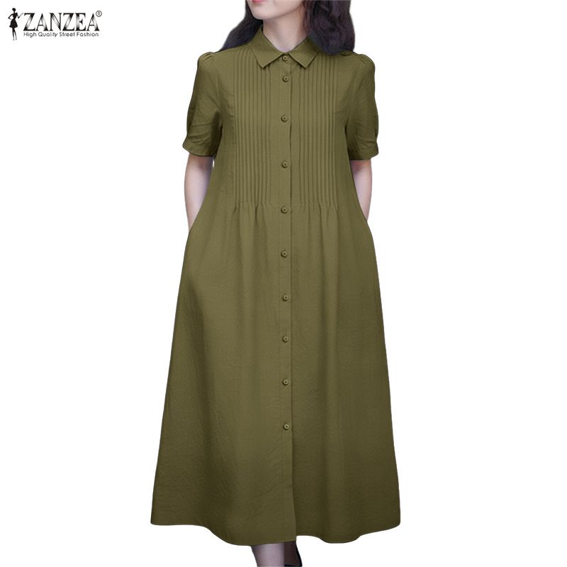 ZANZEA Vestido largo casual para mujer con cuello vuelto y manga corta