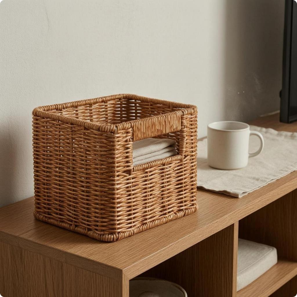 Cesto in Rattan con Apertura Superiore Manici Ritagliati Rettangolari Marrone Chiaro 35x26x18.5cm