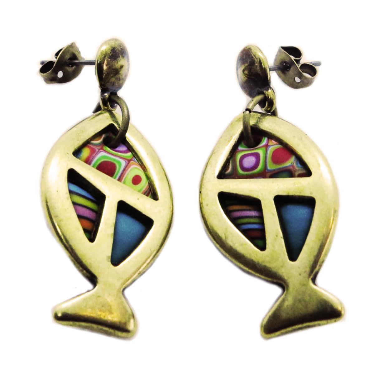 

Les Trésors De Lily [R6452] - Boucles d oreilles artisanales Colombine & Arlequin multicolore doré (poissons) - 38x18 mm