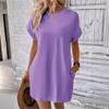 Women Casual Solid Color Round Neck Bat Sleeve Invisible Pocket Loose Short Sleeved Dress