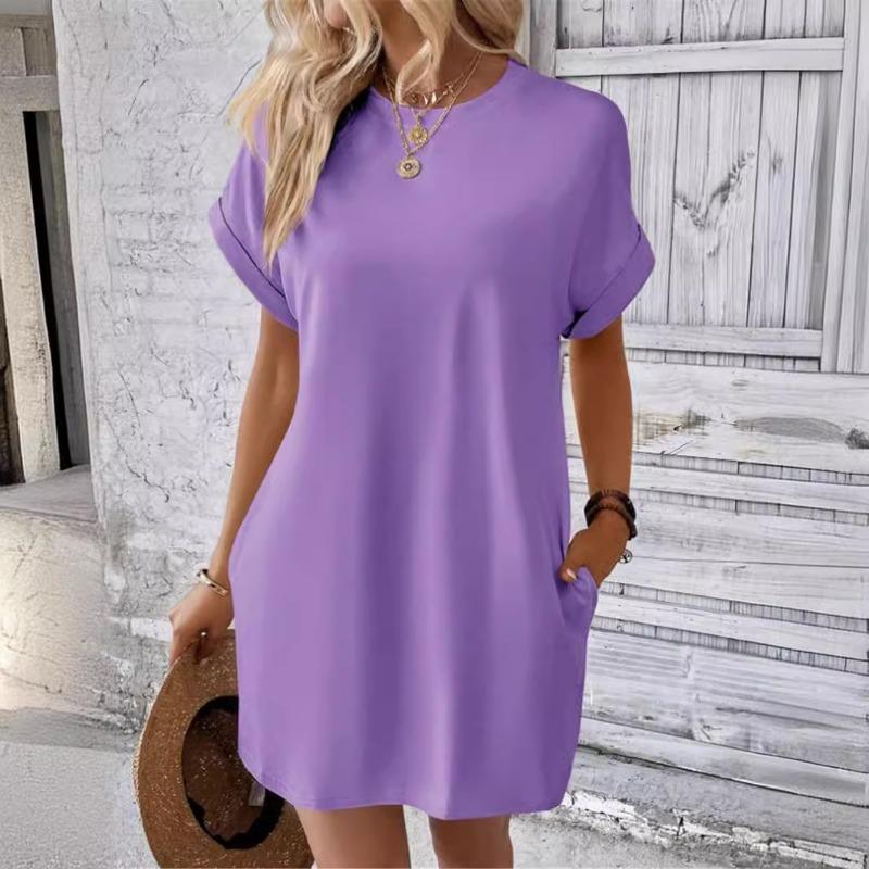 Women Casual Solid Color Round Neck Bat Sleeve Invisible Pocket Loose Short Sleeved Dress