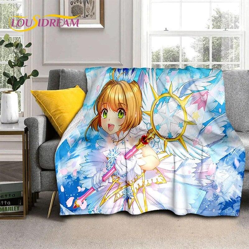 3D Cartoon Captor Anime Cute Card Sakura Blanket,Soft Throw Blanket for Home Bedroom Bed Sofa Picnic Office Cover Blanket Kids
