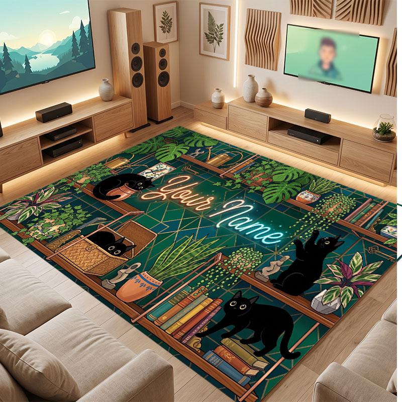 Cat Theme Crystal Velvet Floor Rug Personalized Custom Name Text Warm Carpet Home Decoration