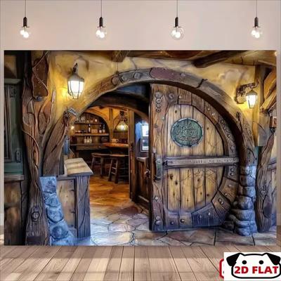 2D Mittelalterliche Taverne Hobbit Tür Kulisse für Halloween & Fantasy Party
