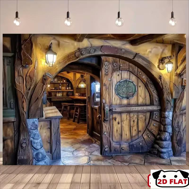 

2D Medieval Tavern Hobbit Door Backdrop for Halloween & Fantasy Party 47.2x31.5inch/120*80cm