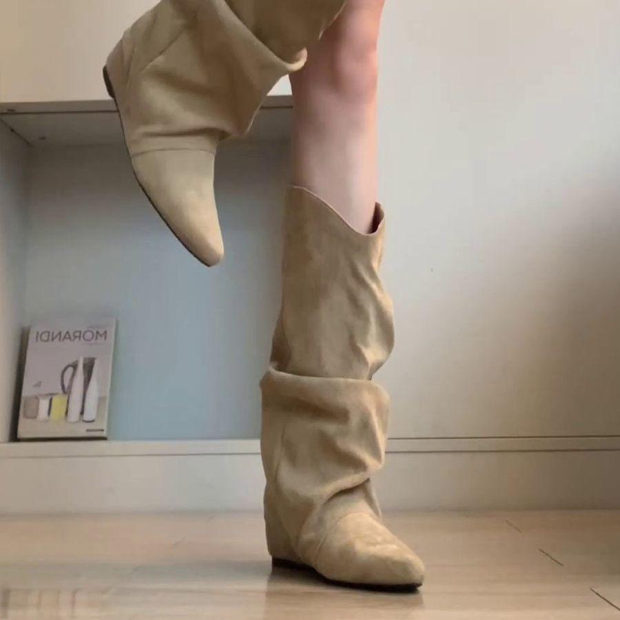 G5U Lammfell Spitzzehen Geraffte Overknee Westernstiefel für Damen