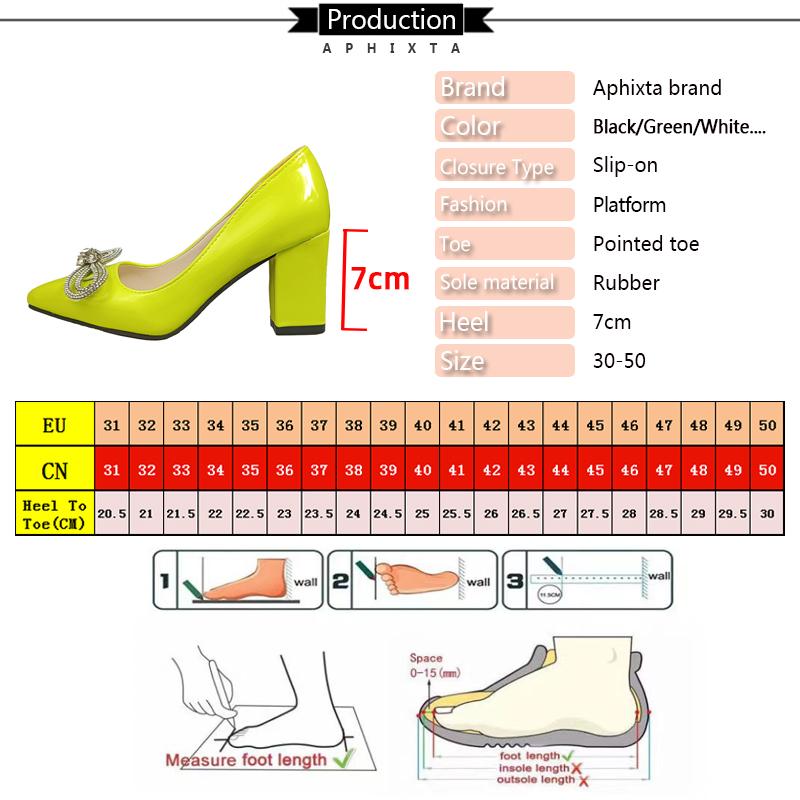 Fashion Aphixta Green Bling Crystals Bowknot Flowers 7cm Square Heels Pumps Women Shoes Students & Adults Pointed Toe Plus Size 30-50