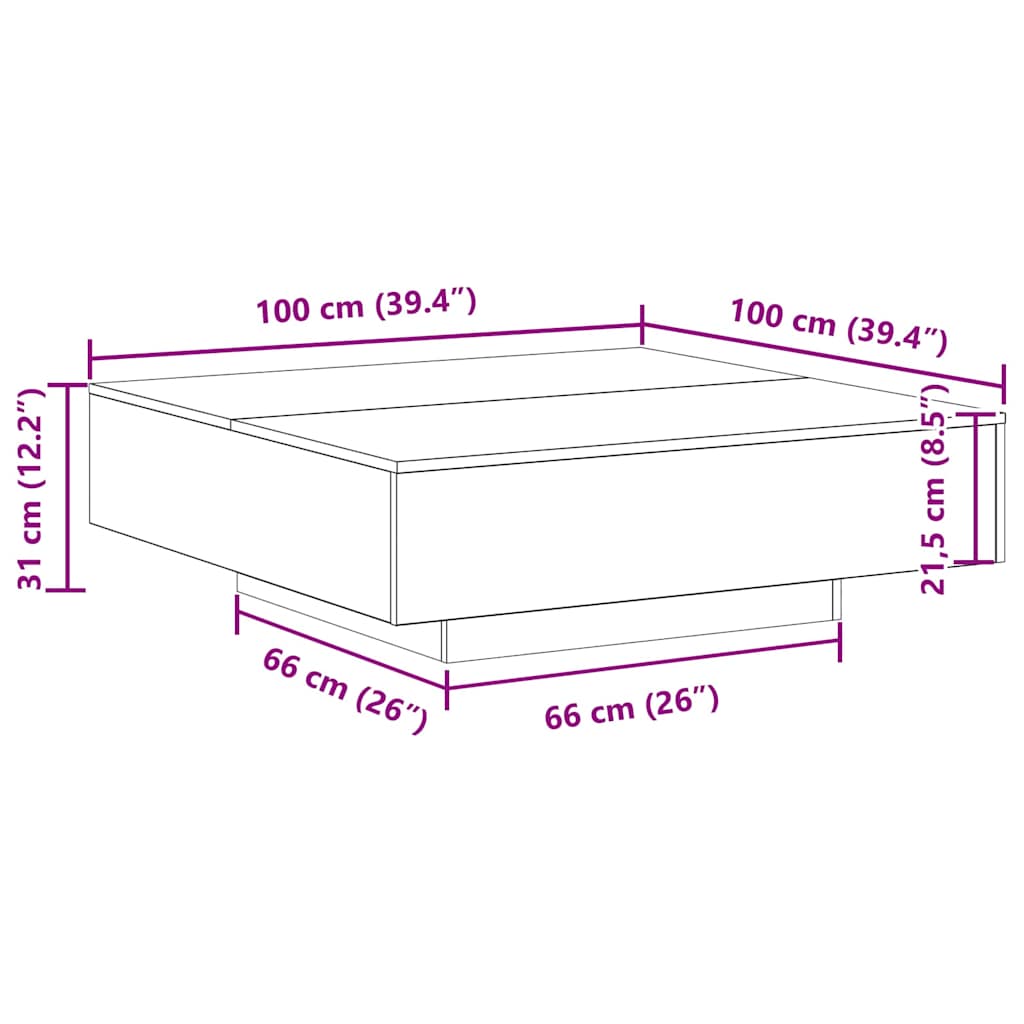 Coffee Table with LED Strips Reclaimed Wood 100 X 100 X 31 Cm