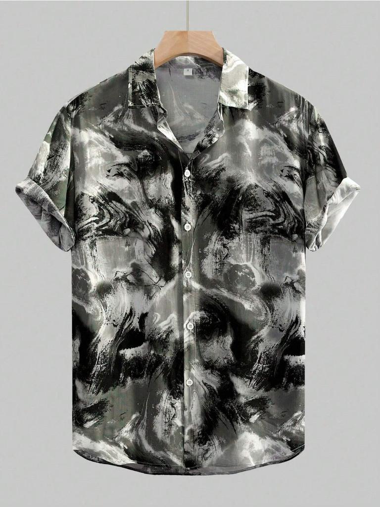 Tie-Dye Effect Men's Shirt – Vibrant Watercolor Wash Short Sleeve Button-Up with Psychedelic Swirl Patterns for Festival Style