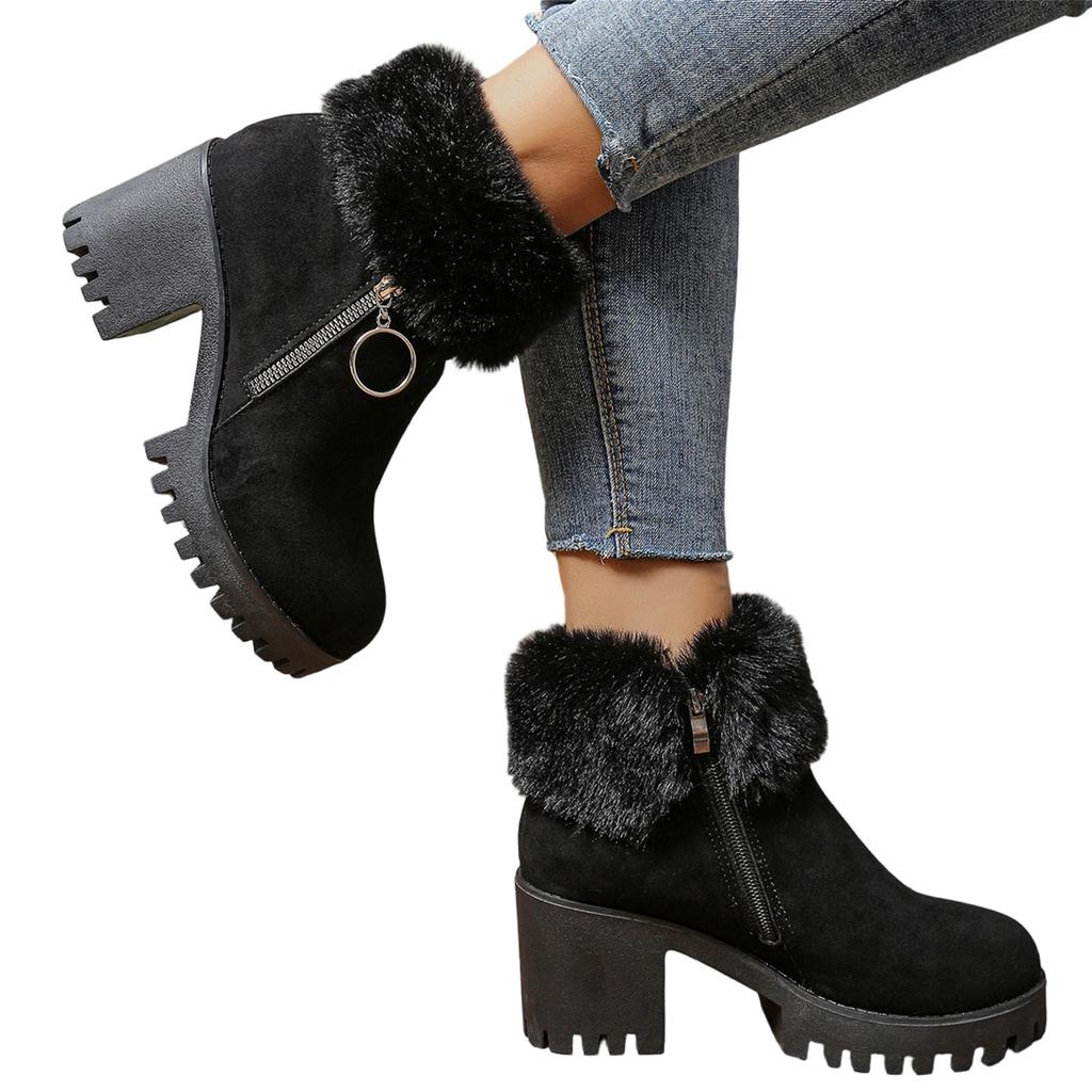 Women's Plus Size Fashion -Lined Warm Side Zip Round Toe Heel Casual Boots
