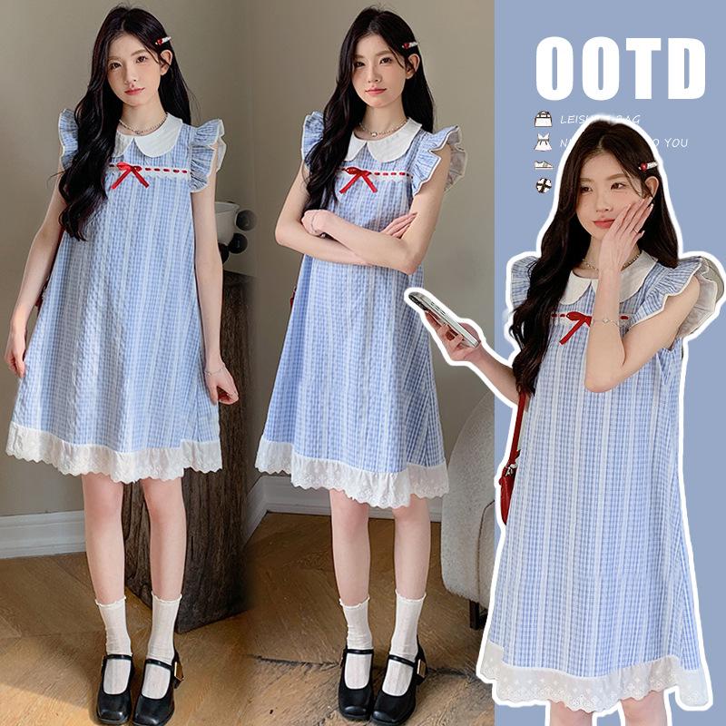 2026 Summer Maternity Flutter Sleeve Plaid Dress - Cute, Casual, Versatile, Loose Fit M