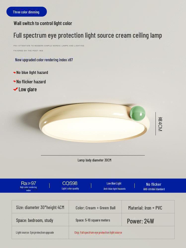 

Умный потолочный светильник для детской комнаты - ультратонкий современный полноспектральный светильник для защиты глаз Iron, Full Spectrum, 30cm, Green Bean