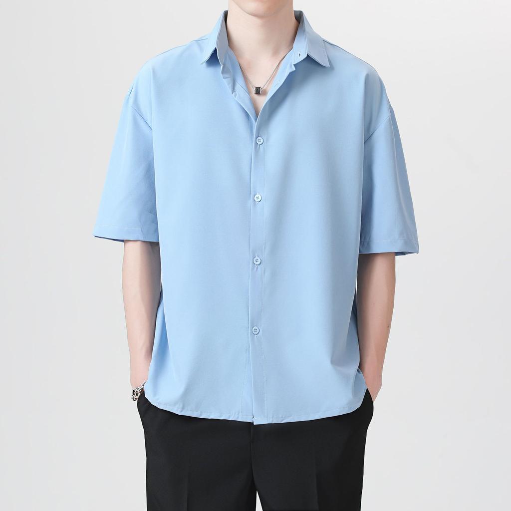 Męska letnia koszula z krótkim rękawem Ice Silk w kolorze czarnym Męska koszula z wysokiej jakości modnej marki Ruffian Handsome Casual