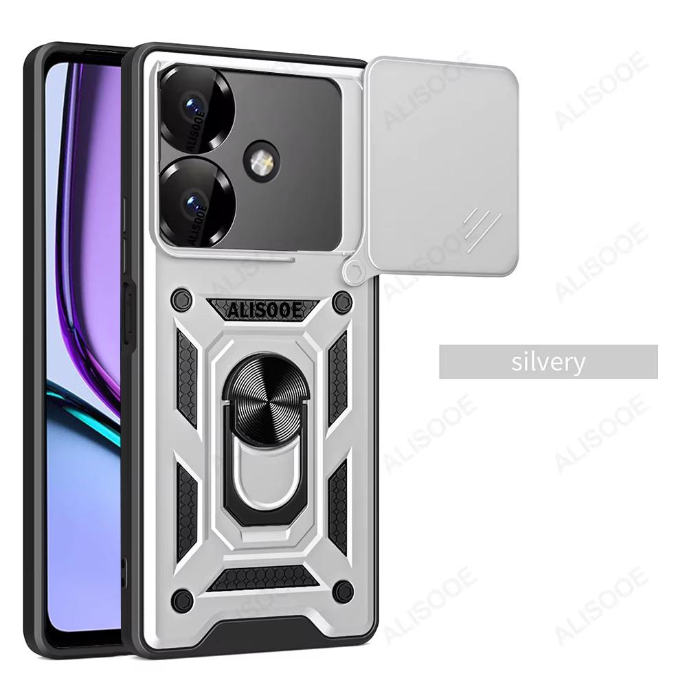 

Слайд-камера Funda для Realme Narzo N61 4G Чехол Push Lens Ring Stand Защитный чехол для Realme Note 60 4G Противоударный чехол Realme Note 60 4G серебряный