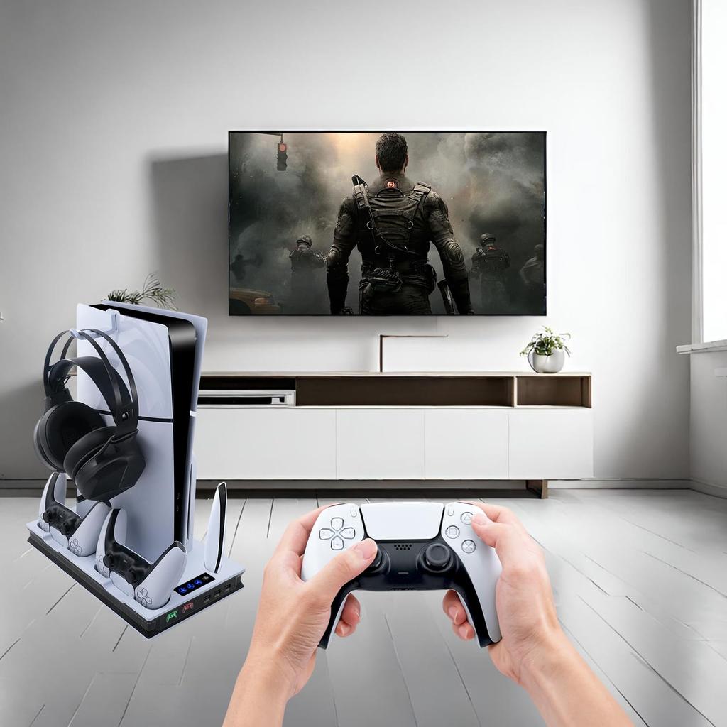 Mcbazel PS5 Slim Vertical Stand with Cooling Dual Controller Compatible with and Six Edition Heat Fast and Overcharge Prevention White Pro/PS5/PS5