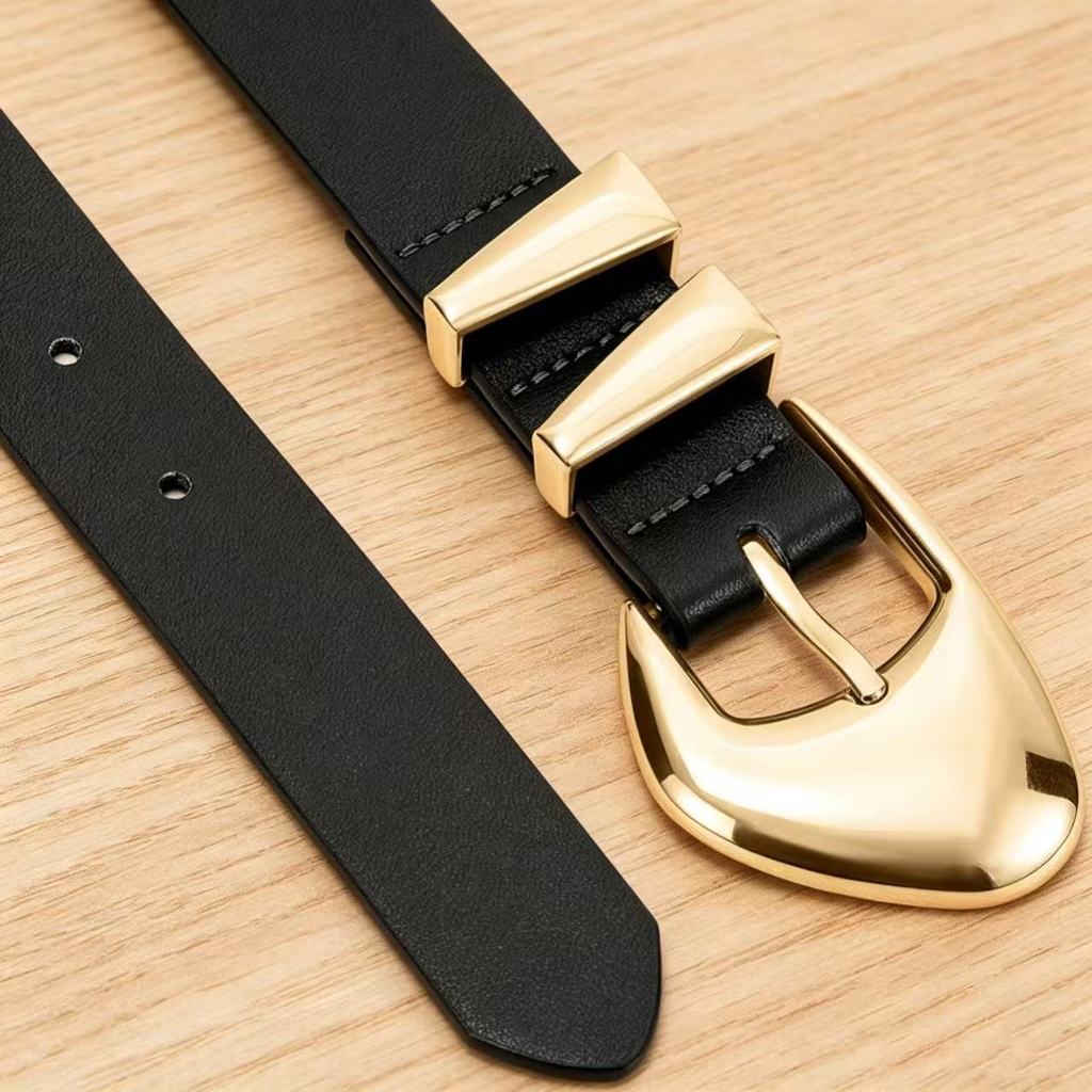 Womens Trendy Leather Belt With Zinc Alloy Pin Buckle And Stylish Fan Pattern For Daily Use