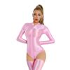 Women Stain Smooth Bodysuit One Pieces Thong Two Way Zipper Open Crotch Elastic Tights Oil Shiny Yoga Shaping Maid Leotard