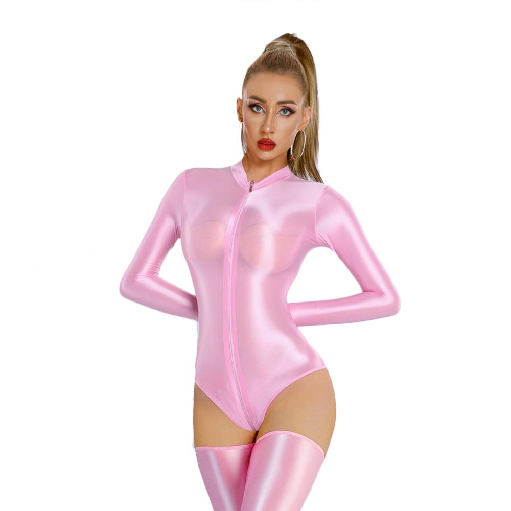 Women Stain Smooth Bodysuit One Pieces Thong Two Way Zipper Open Crotch Elastic Tights Oil Shiny Yoga Shaping Maid Leotard