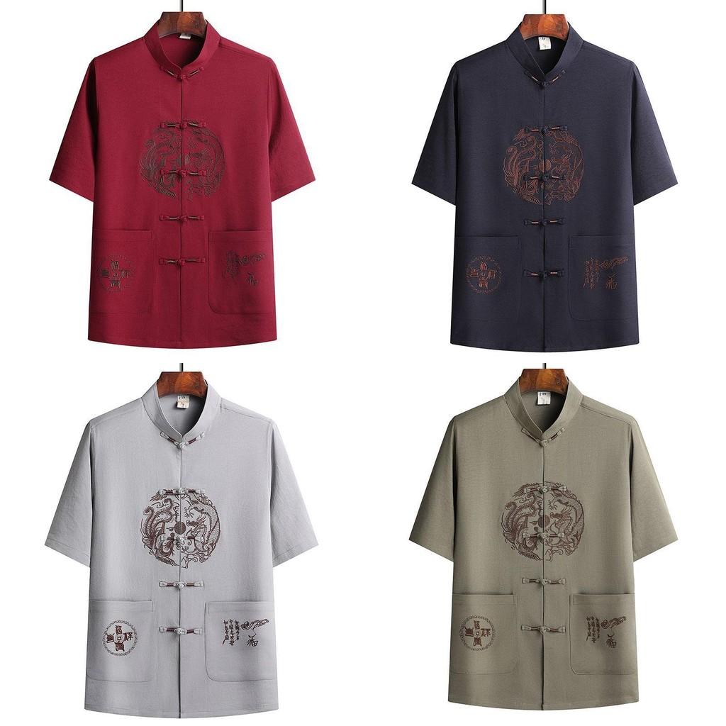 Chinese Style Mens Short Sleeve Suit With Dragon Phoenix Pattern Embroidery For Summer Casual Wear