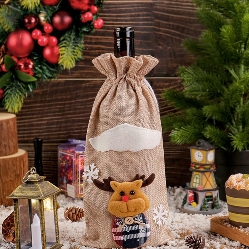 4 Stück Weihnachts-Weinflaschentaschen-Set mit Weihnachtsmann-, Schneemann- und Rentier-Designs, wiederverwendbare Stoffhüllen mit Kordelzugverschluss