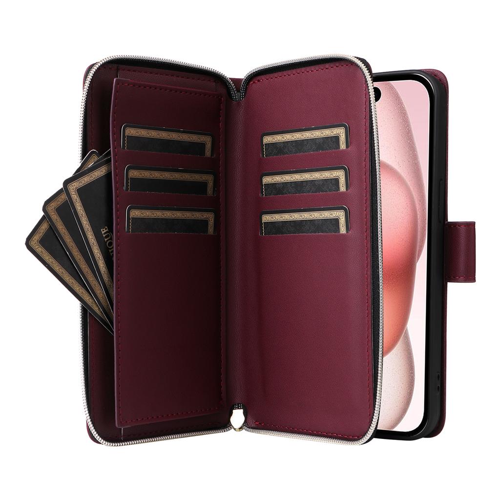 R20 For iPhone 15 Plus Case Zipper Pocket PU Leather Cover with 9 Card Slots