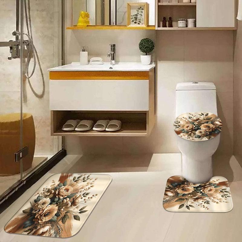 Water-Resistant Floral Shower Curtain Set With 12 Hooks, Non-Slip Bathroom Rugs, Toilet Seat Cover, Decorative Woven Polyester