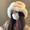 Fashion Rabbit Fur Patchwork Knit Bucket Hat Women Warm Fall Winter Large Head Size Face Slimming